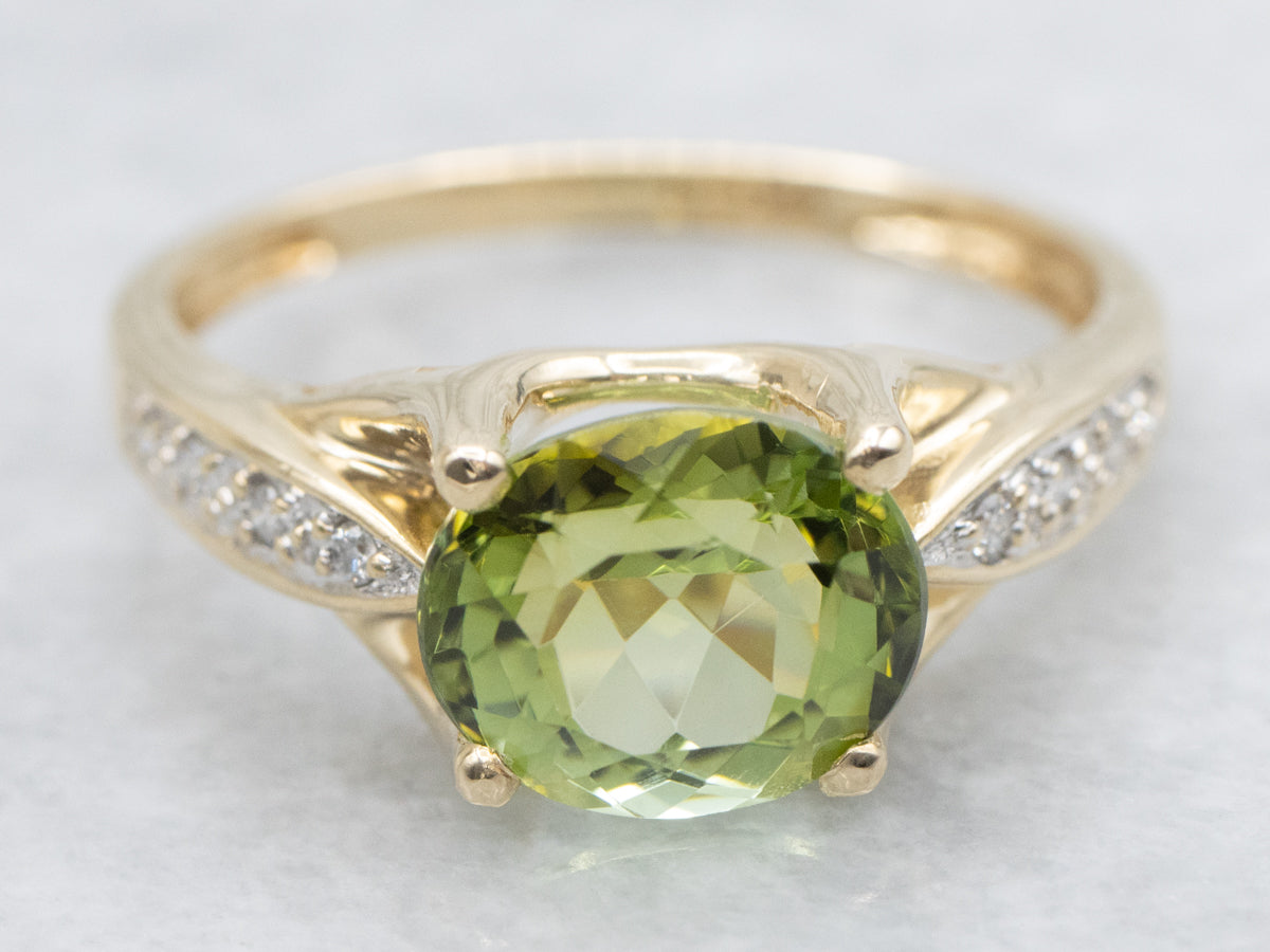 Modern Bright Green Tourmaline and Diamond Ring