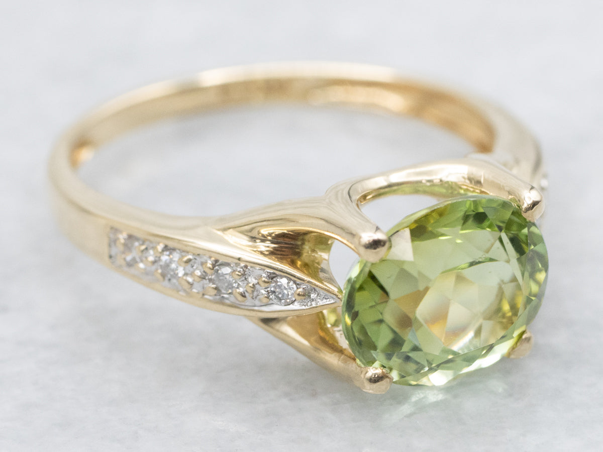 Modern Bright Green Tourmaline and Diamond Ring