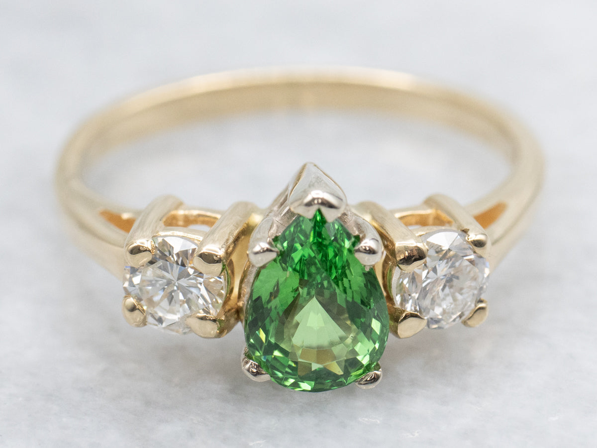 Teardrop Tsavorite Garnet and Diamond Ring