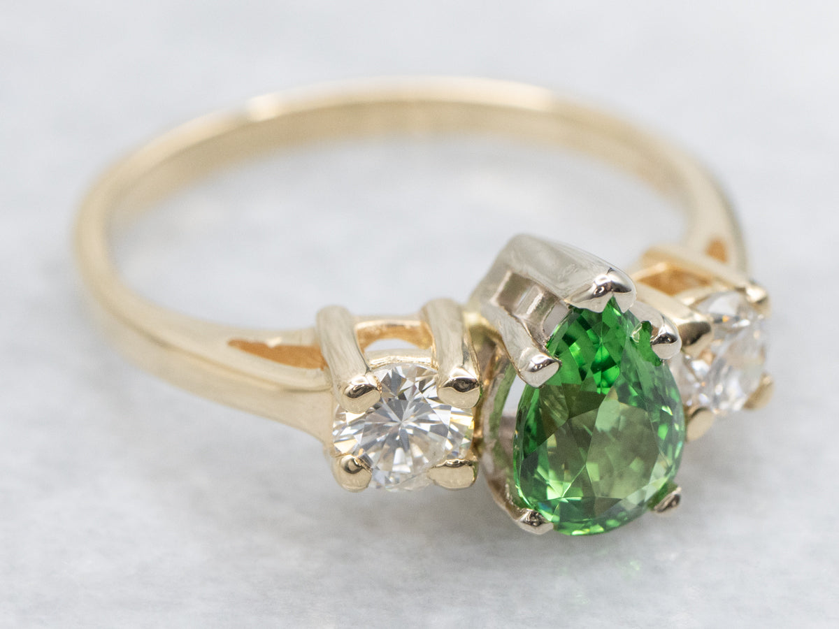Teardrop Tsavorite Garnet and Diamond Ring
