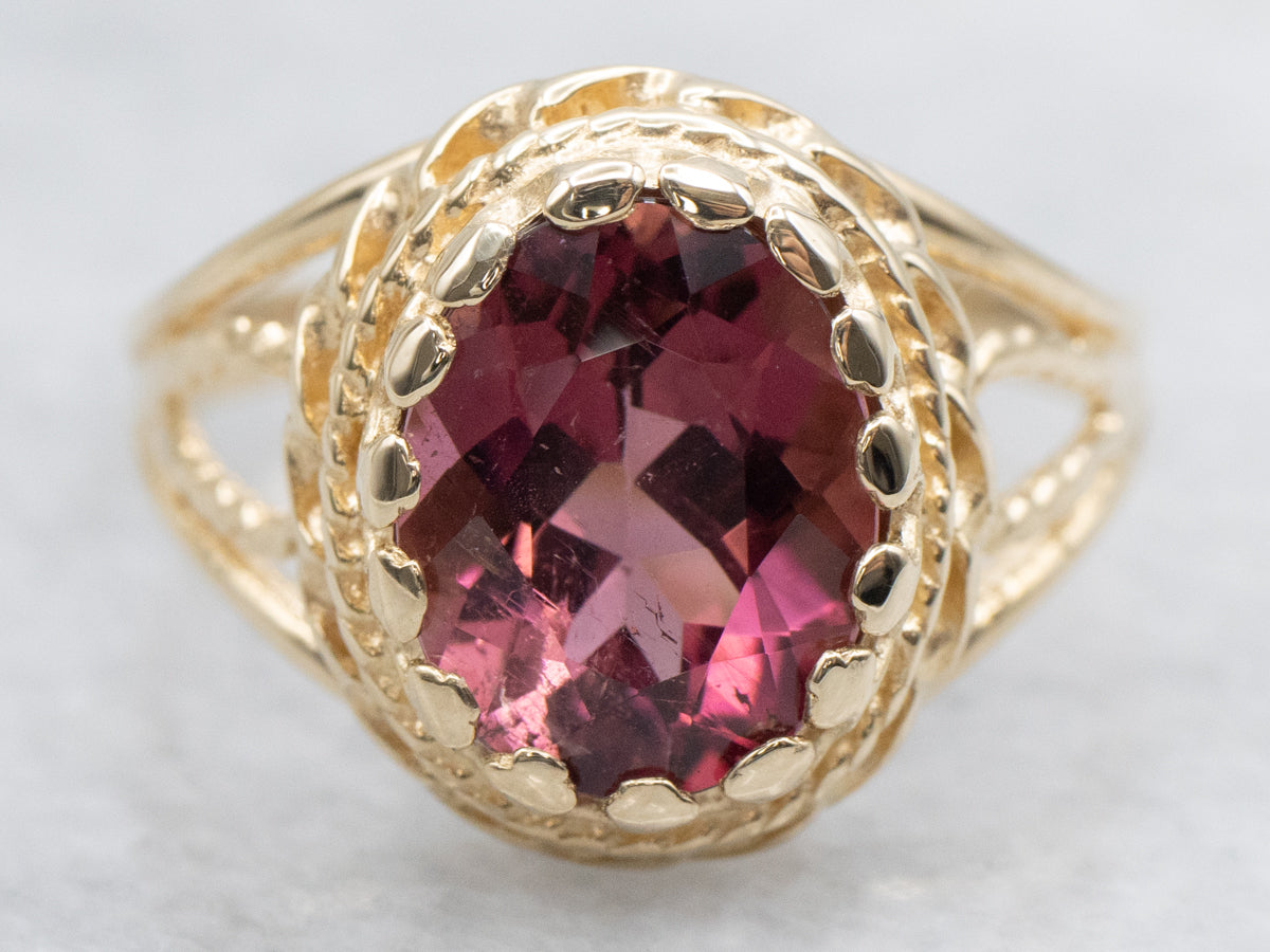 Bright Pink Tourmaline Nautical Gold Ring