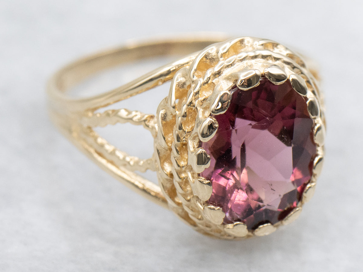 Bright Pink Tourmaline Nautical Gold Ring