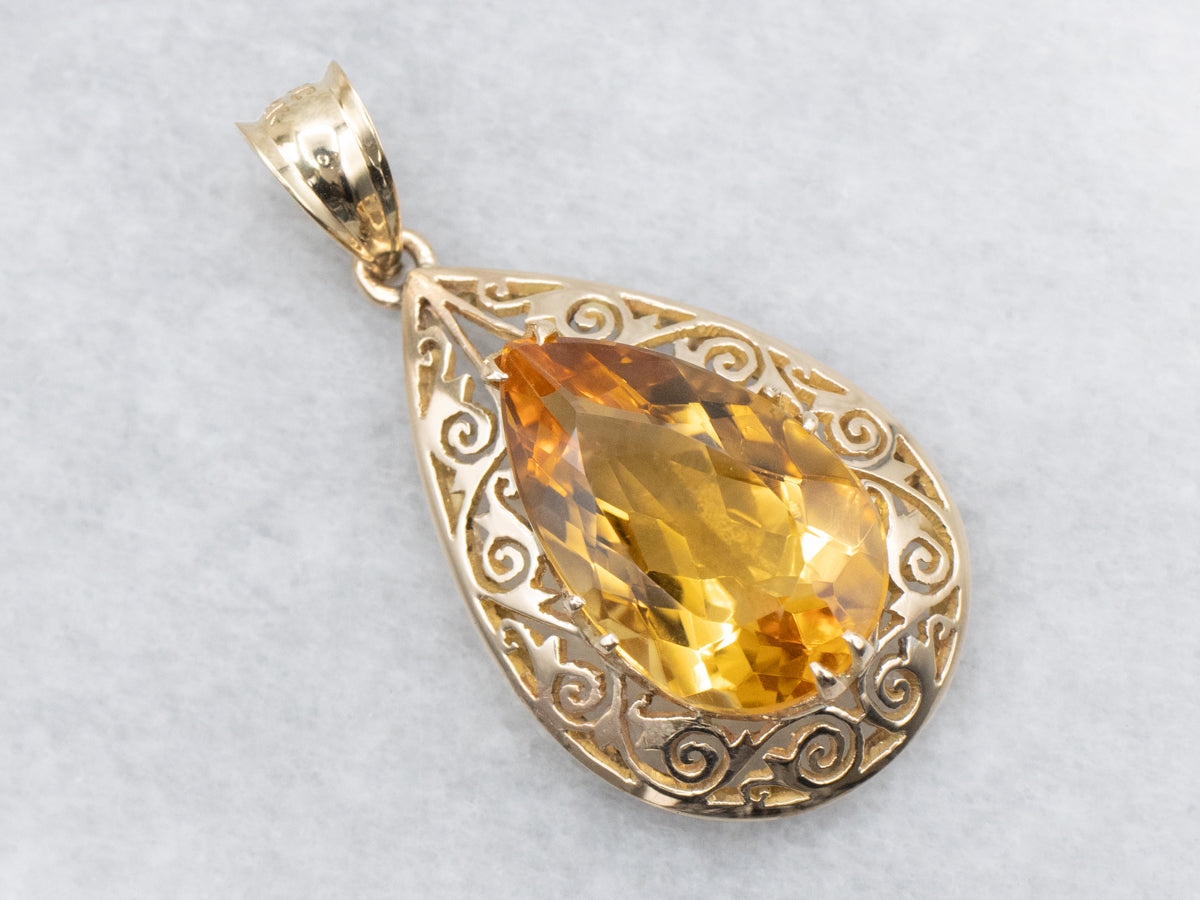 Citrine and Gold Filigree Teardrop Pendant