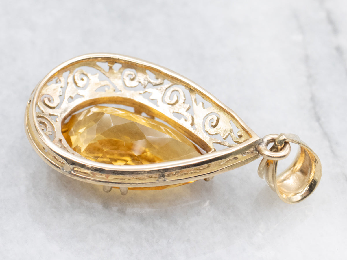 Citrine and Gold Filigree Teardrop Pendant