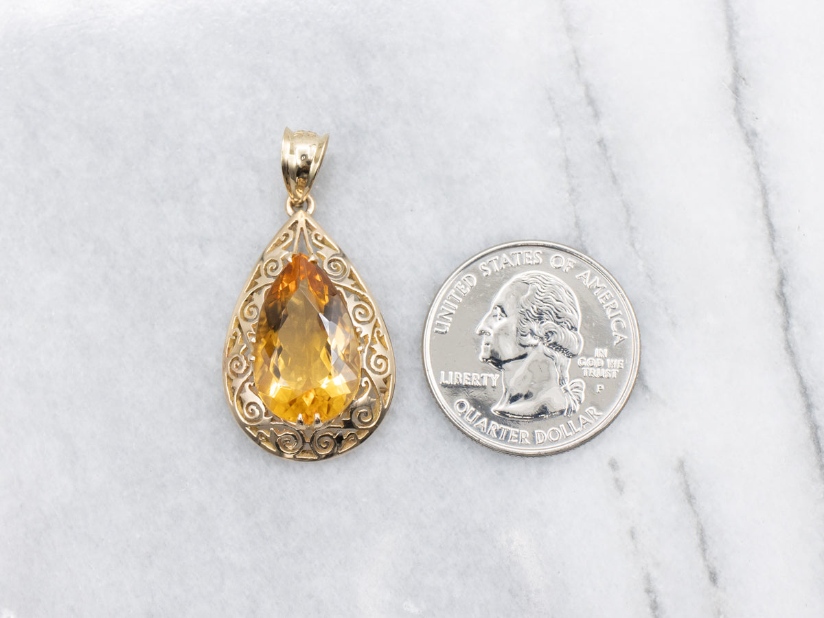 Citrine and Gold Filigree Teardrop Pendant