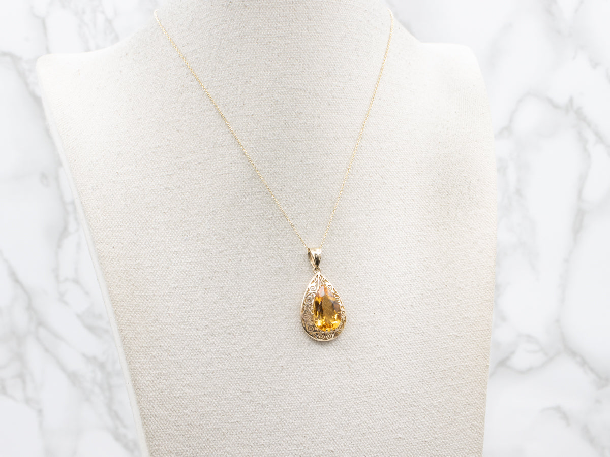 Citrine and Gold Filigree Teardrop Pendant