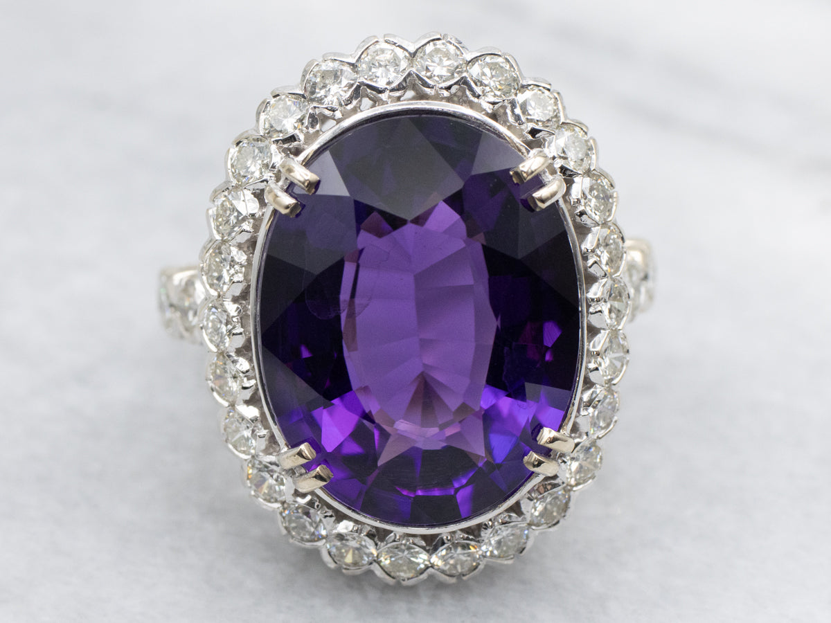 Modern Amethyst and Diamond Halo Cocktail Ring