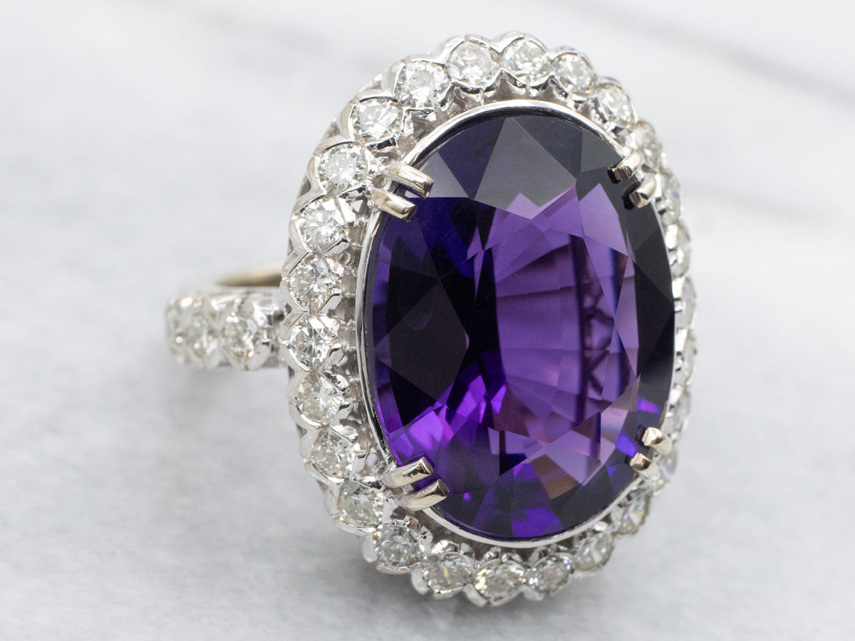 Modern Amethyst and Diamond Halo Cocktail Ring