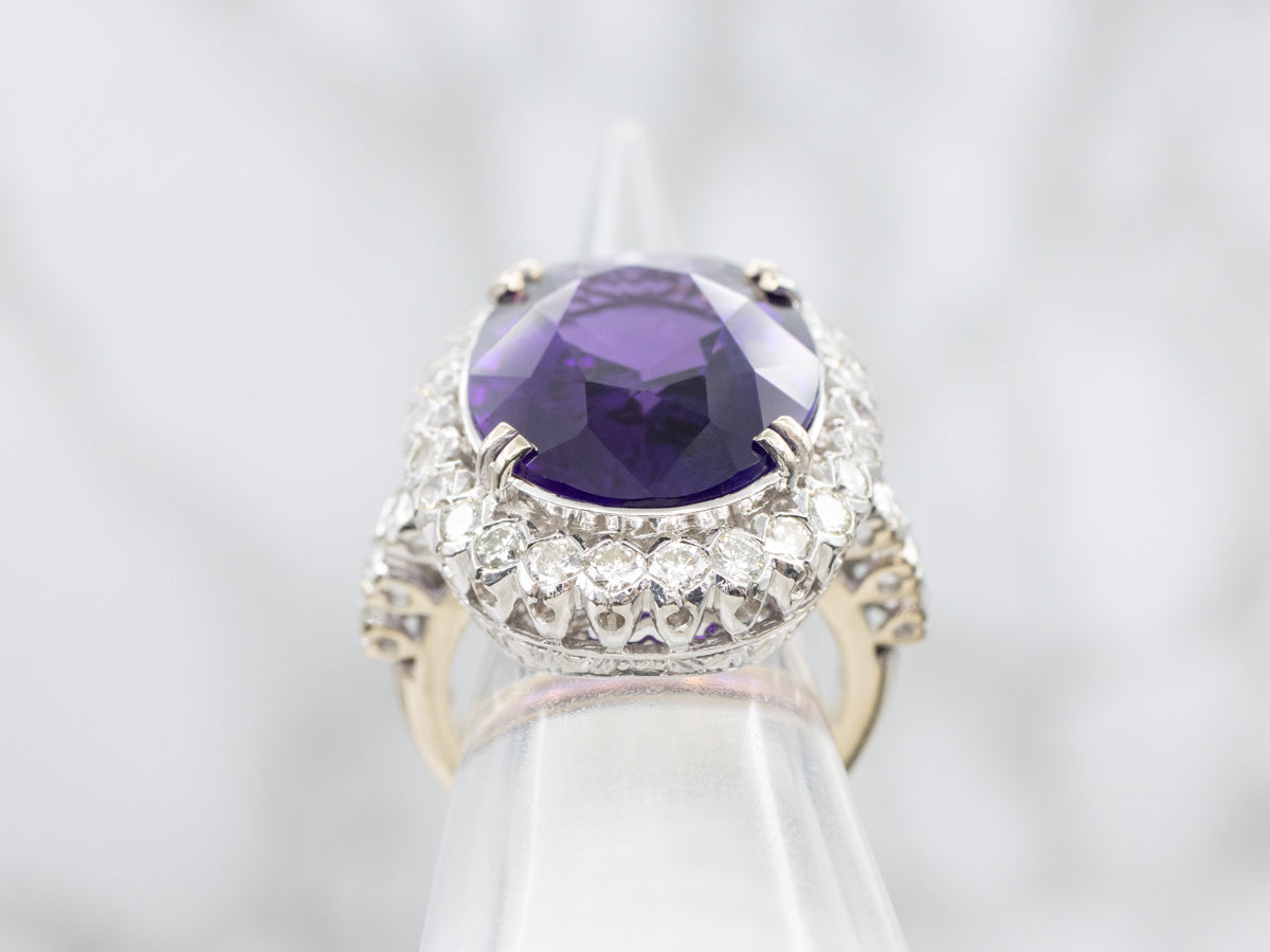 Modern Amethyst and Diamond Halo Cocktail Ring