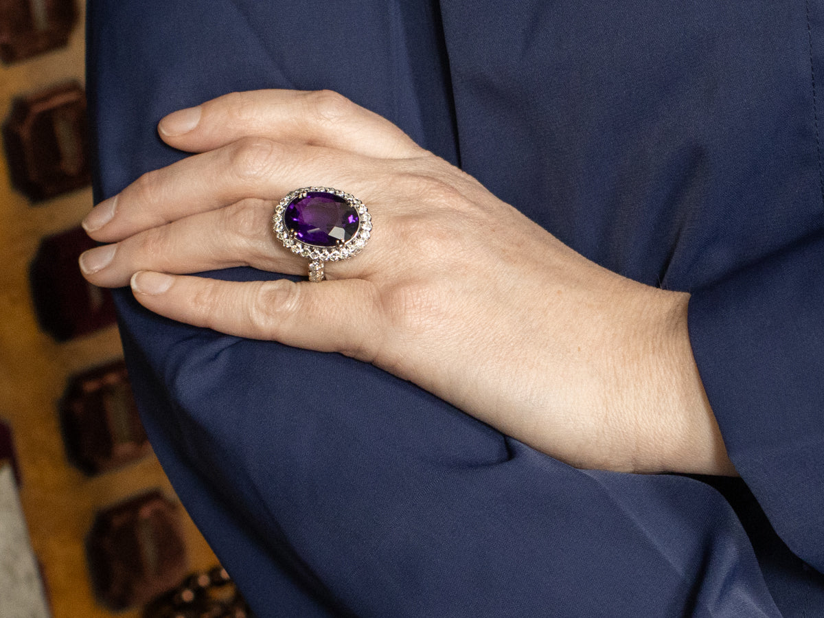 Modern Amethyst and Diamond Halo Cocktail Ring
