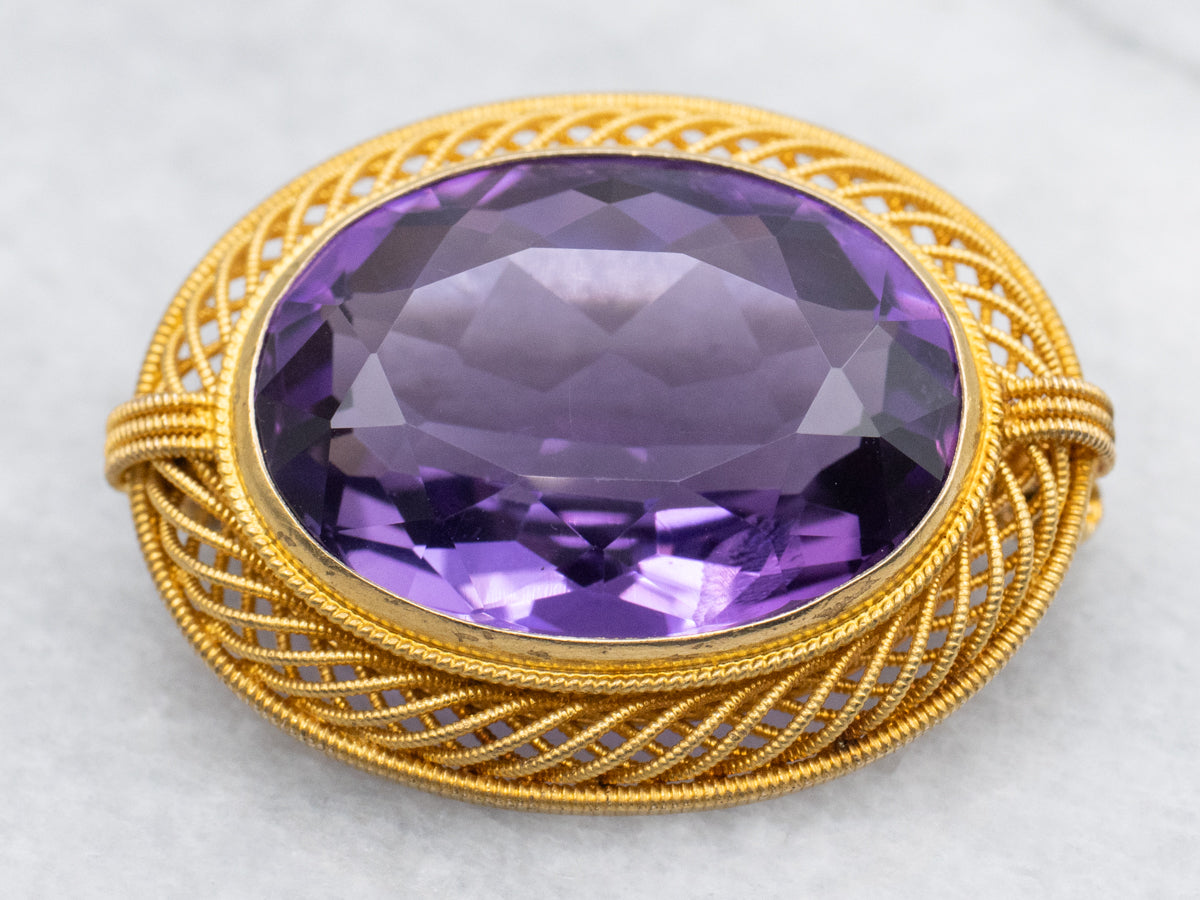 Amethyst Brooch with Twisting Openwork Frame