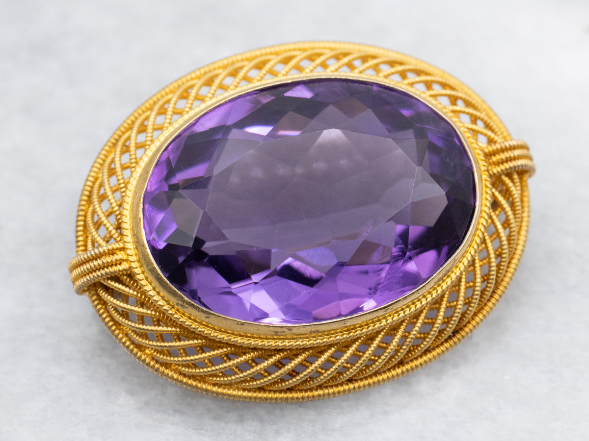 Amethyst Brooch with Twisting Openwork Frame