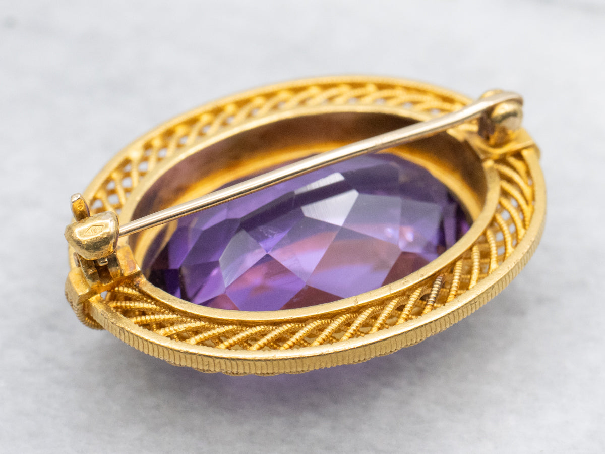 Amethyst Brooch with Twisting Openwork Frame