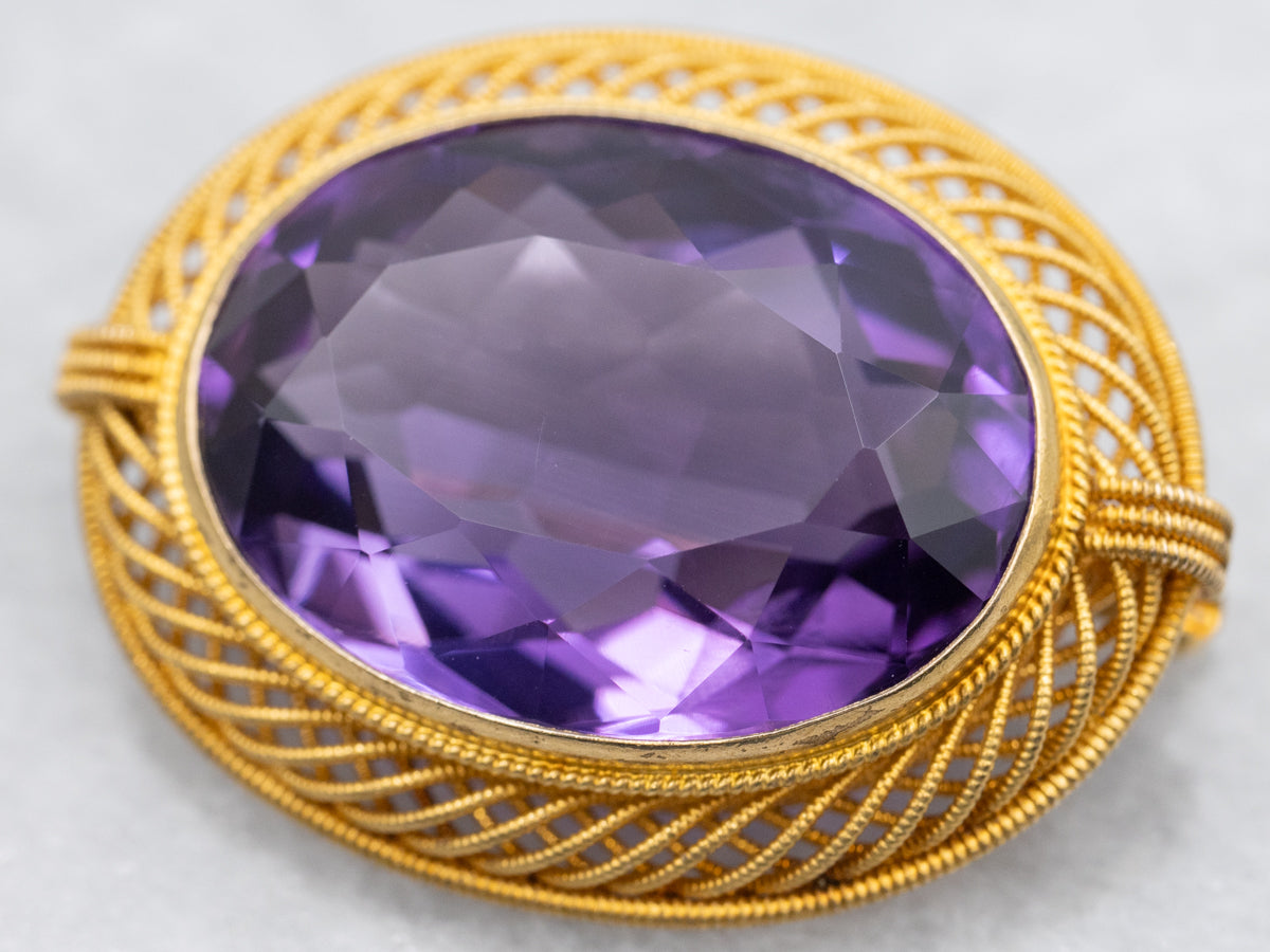 Amethyst Brooch with Twisting Openwork Frame