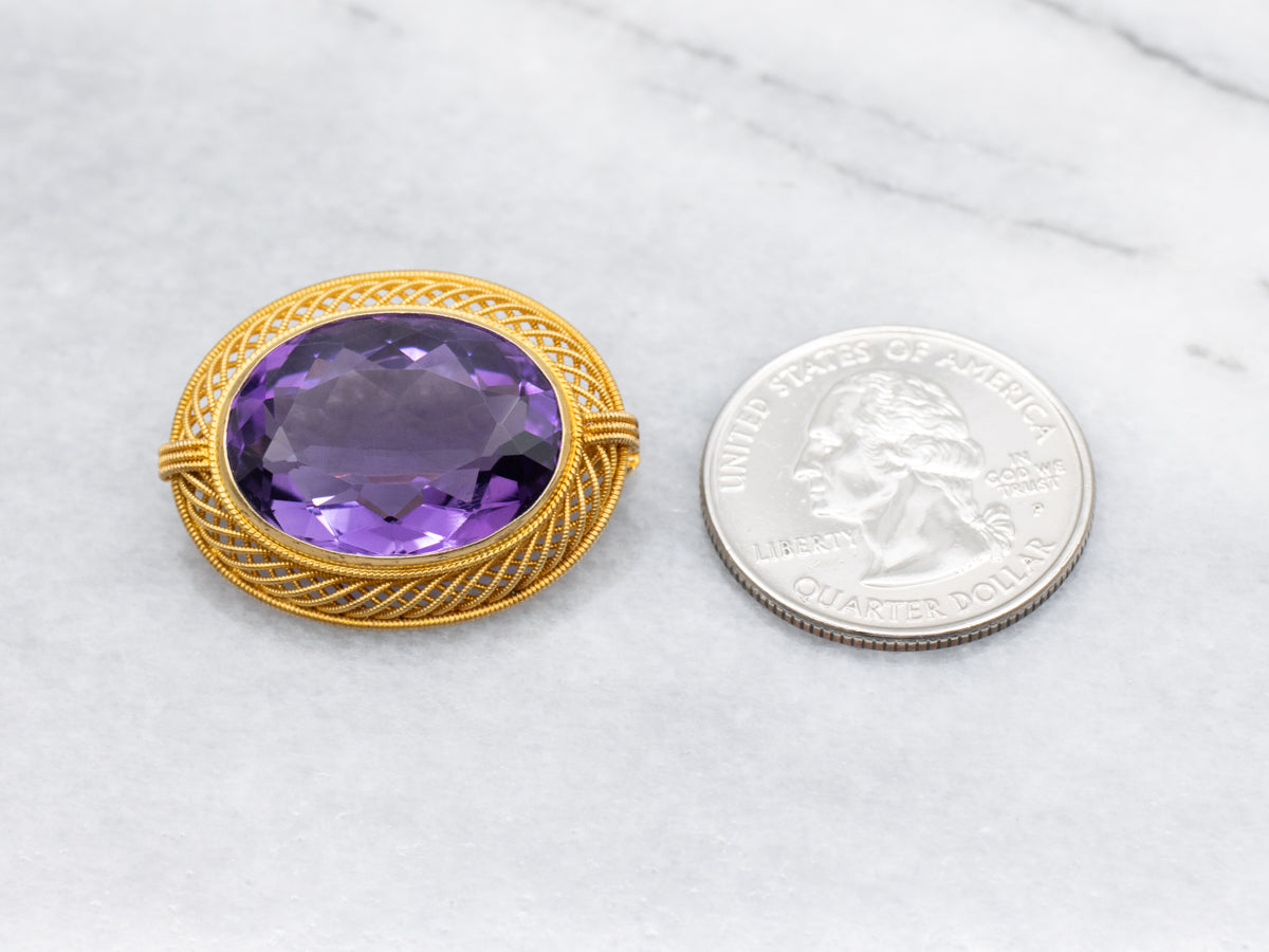 Amethyst Brooch with Twisting Openwork Frame