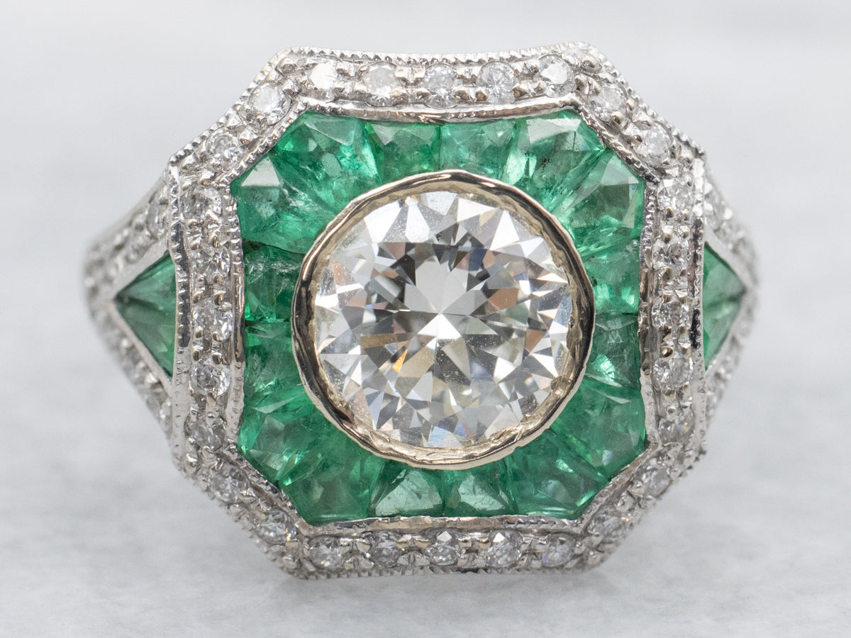 Antique Inspired European Cut Diamond Ring with Emerald and Diamond Halo