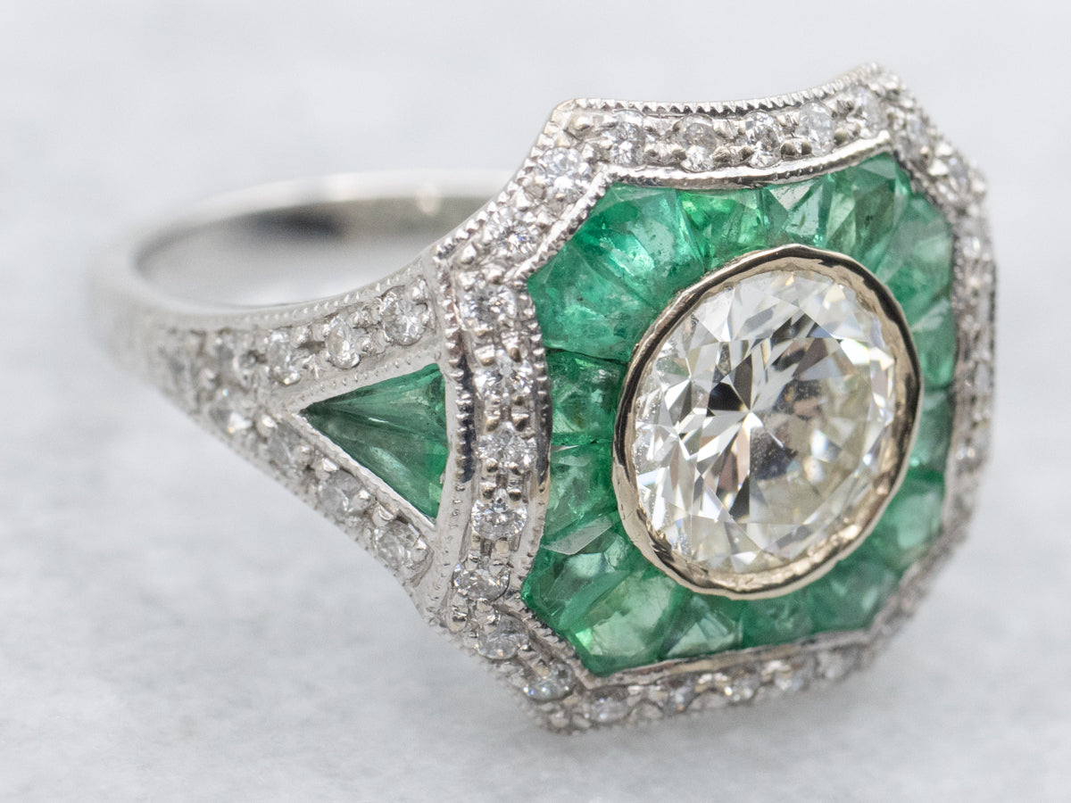 Antique Inspired European Cut Diamond Ring with Emerald and Diamond Halo