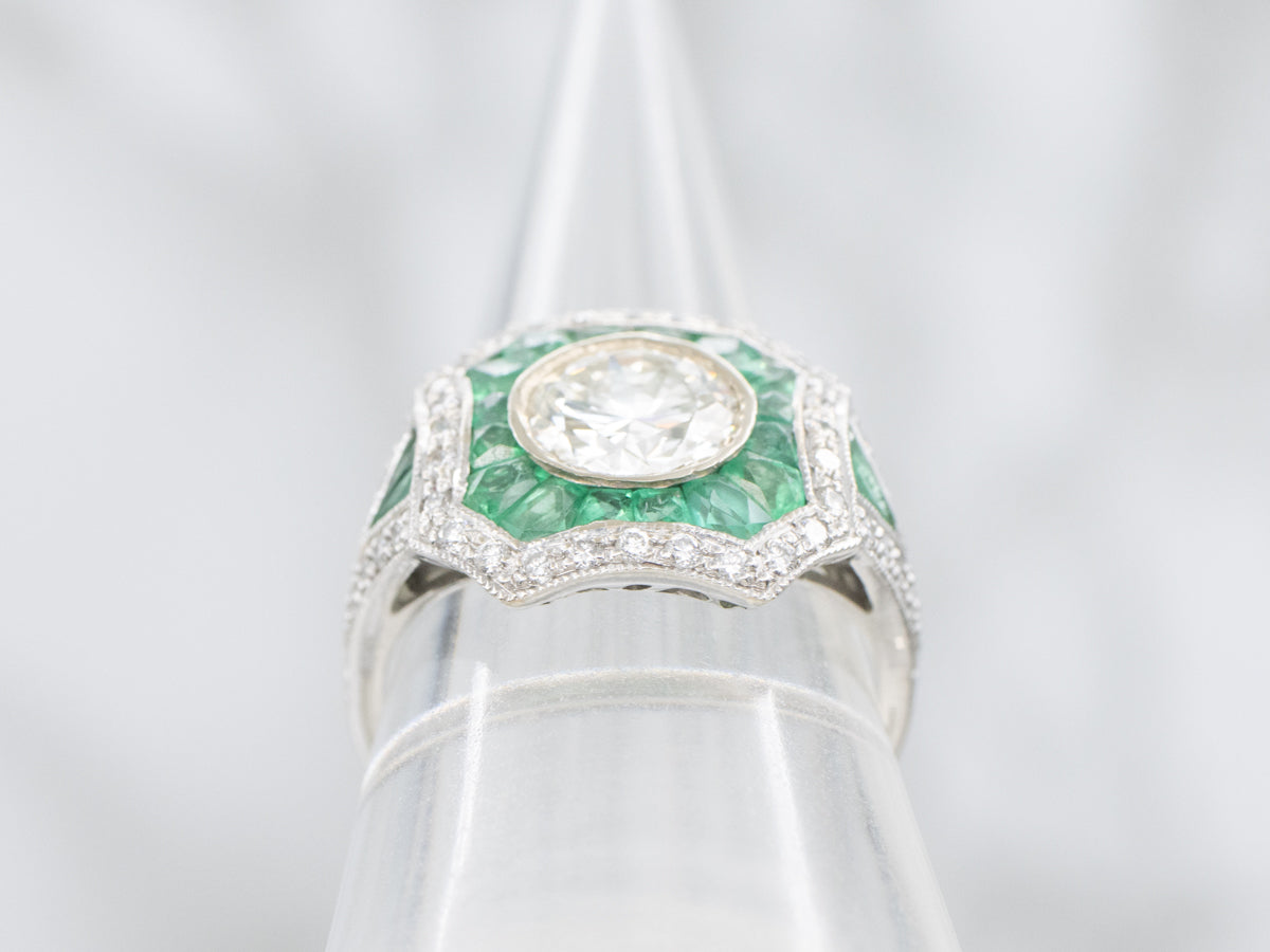 Antique Inspired European Cut Diamond Ring with Emerald and Diamond Halo