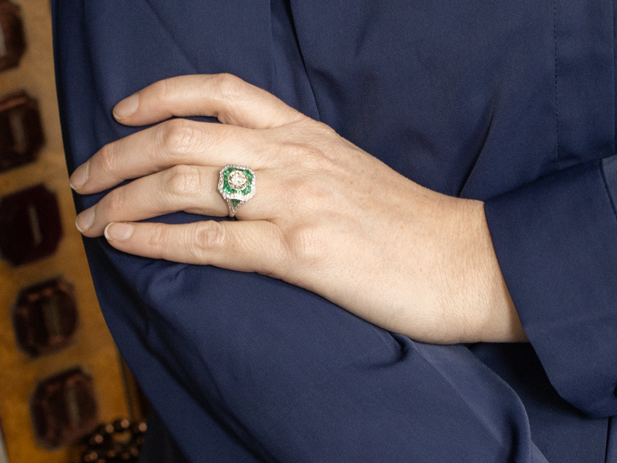 Antique Inspired European Cut Diamond Ring with Emerald and Diamond Halo