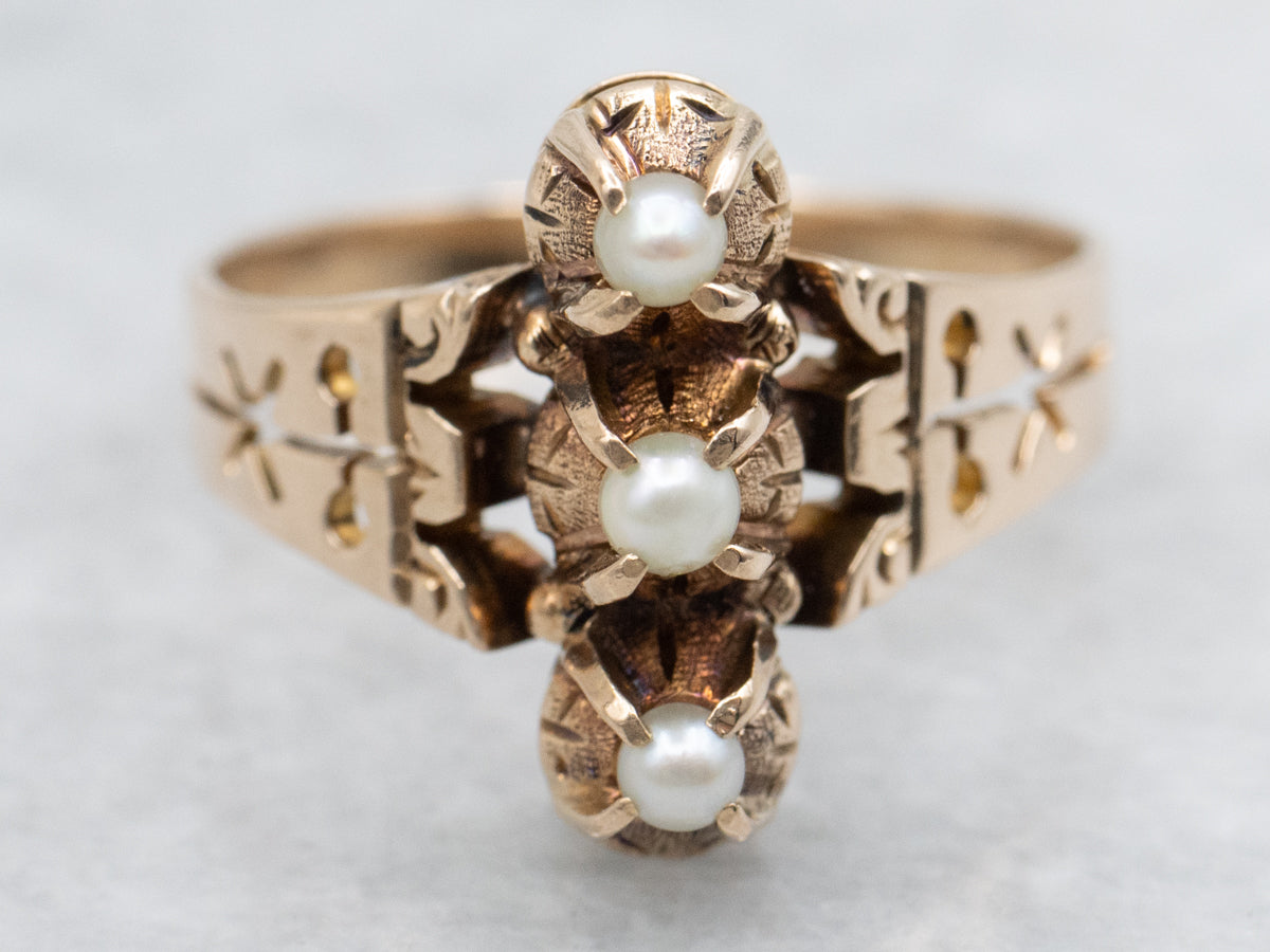 Victorian Rose Gold Seed Pearl Trio Ring