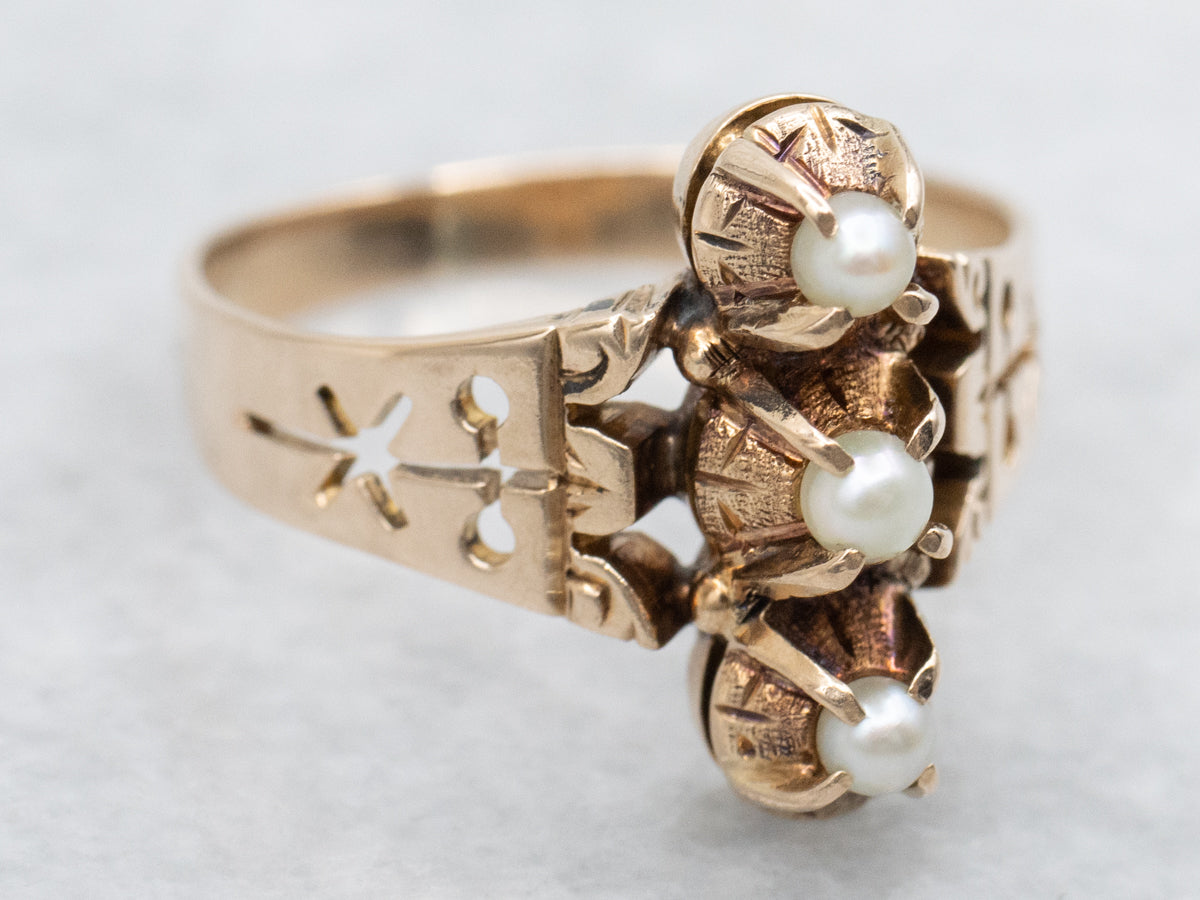 Victorian Rose Gold Seed Pearl Trio Ring