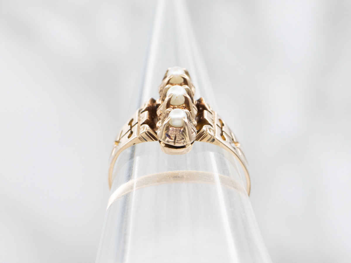 Victorian Rose Gold Seed Pearl Trio Ring