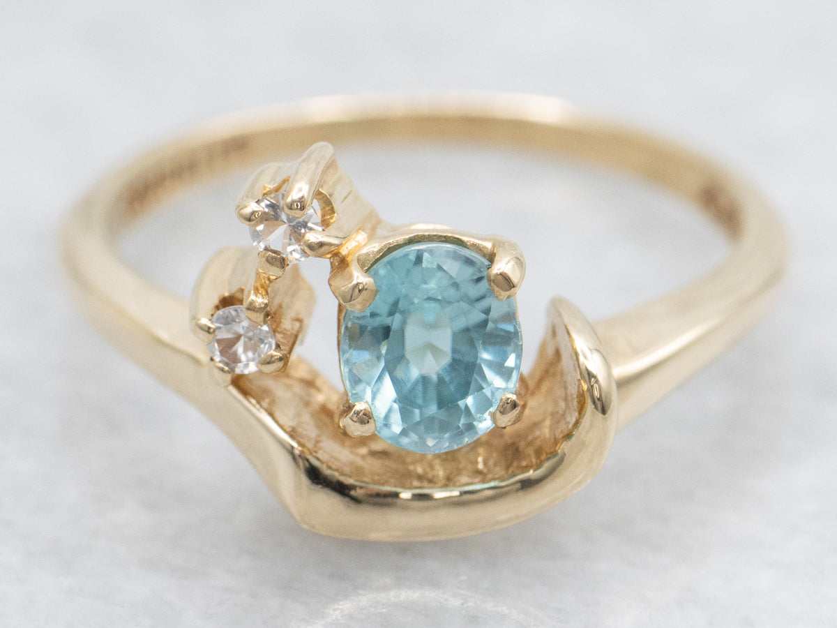 Blue Zircon with White Topaz Gold Bypass Ring