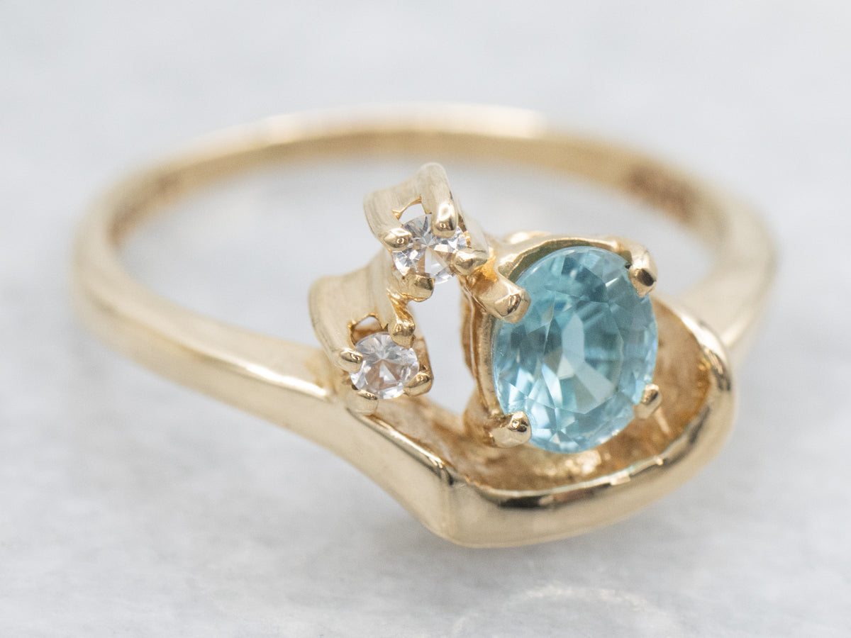 Blue Zircon with White Topaz Gold Bypass Ring