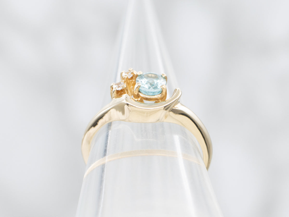 Blue Zircon with White Topaz Gold Bypass Ring