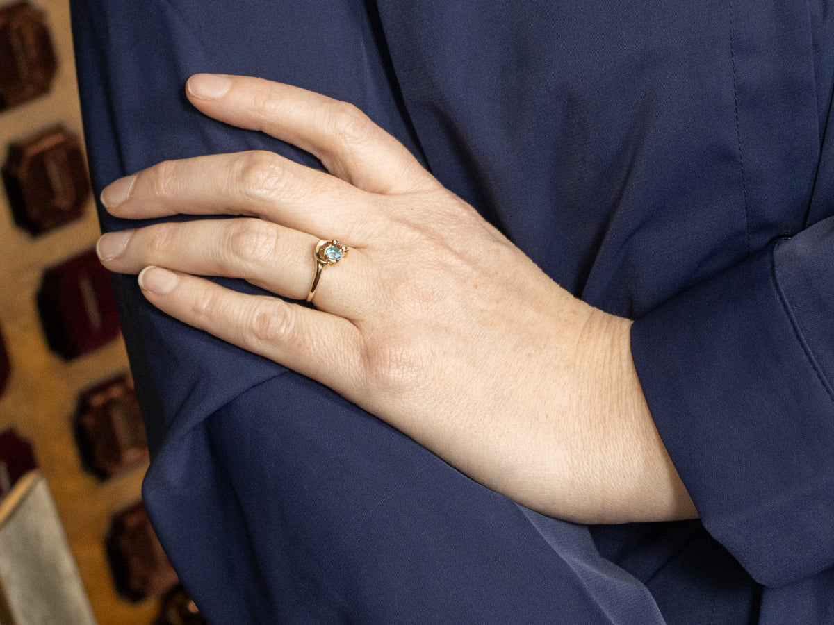 Blue Zircon with White Topaz Gold Bypass Ring