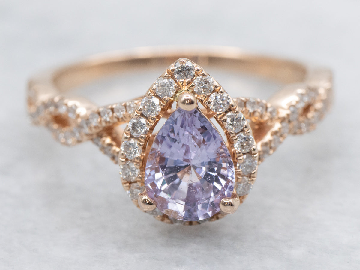 Purple Sapphire Diamond Halo Rose Gold Ring