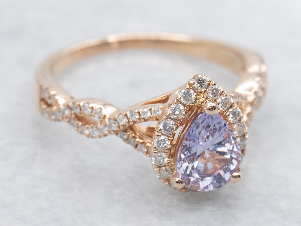 Purple Sapphire Diamond Halo Rose Gold Ring