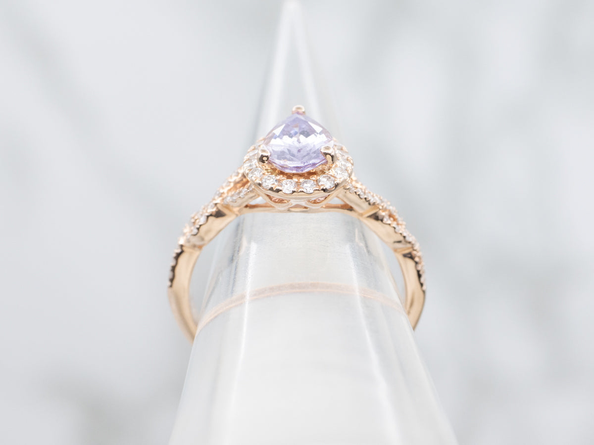 Purple Sapphire Diamond Halo Rose Gold Ring