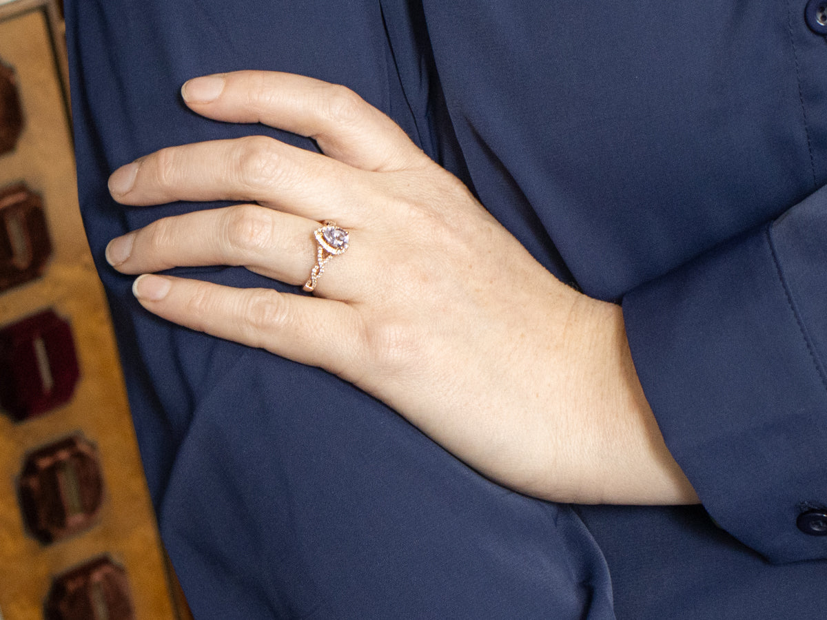 Purple Sapphire Diamond Halo Rose Gold Ring
