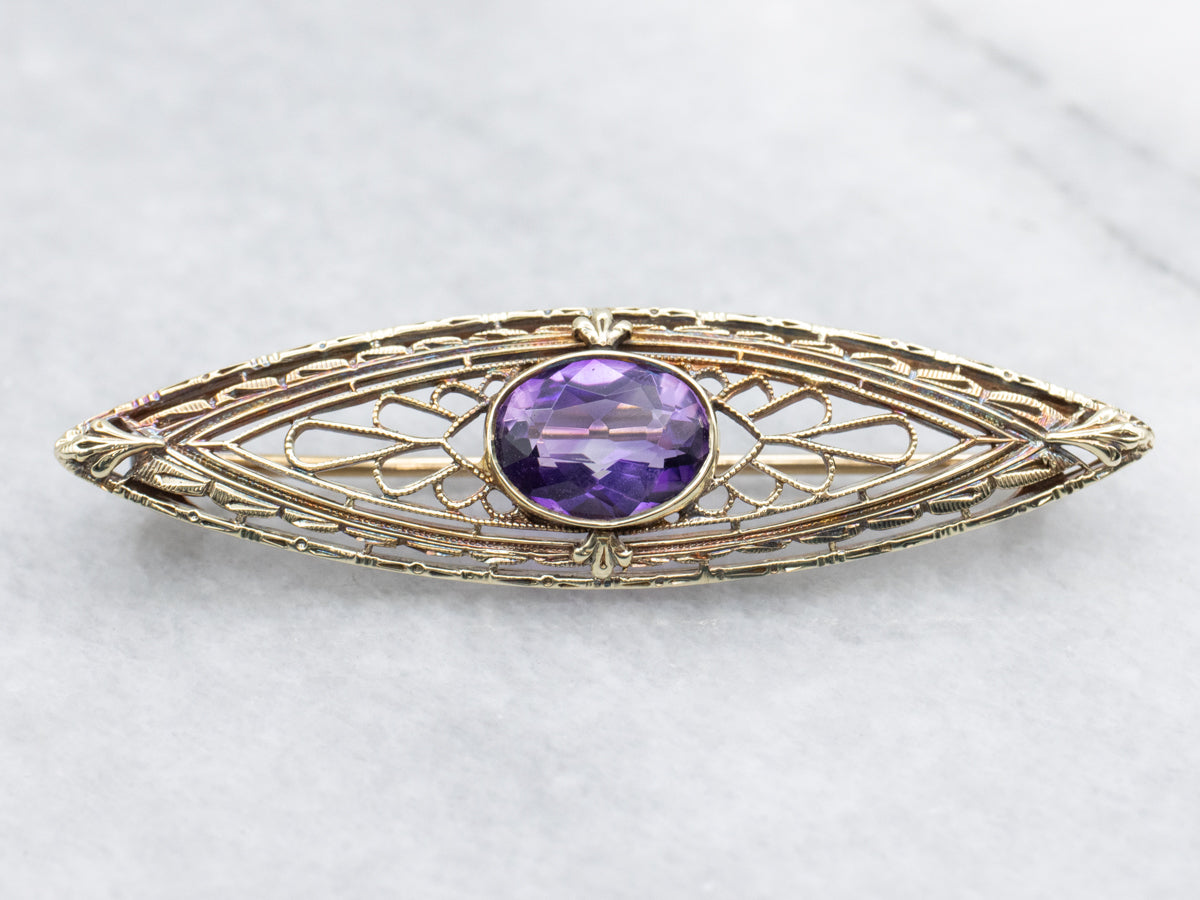 Antique Gold Filigree Amethyst Brooch