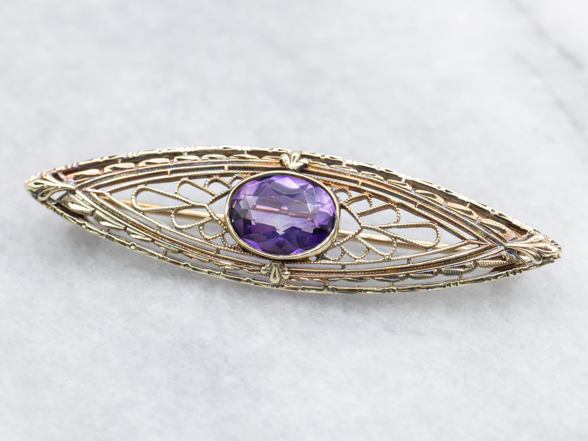 Antique Gold Filigree Amethyst Brooch