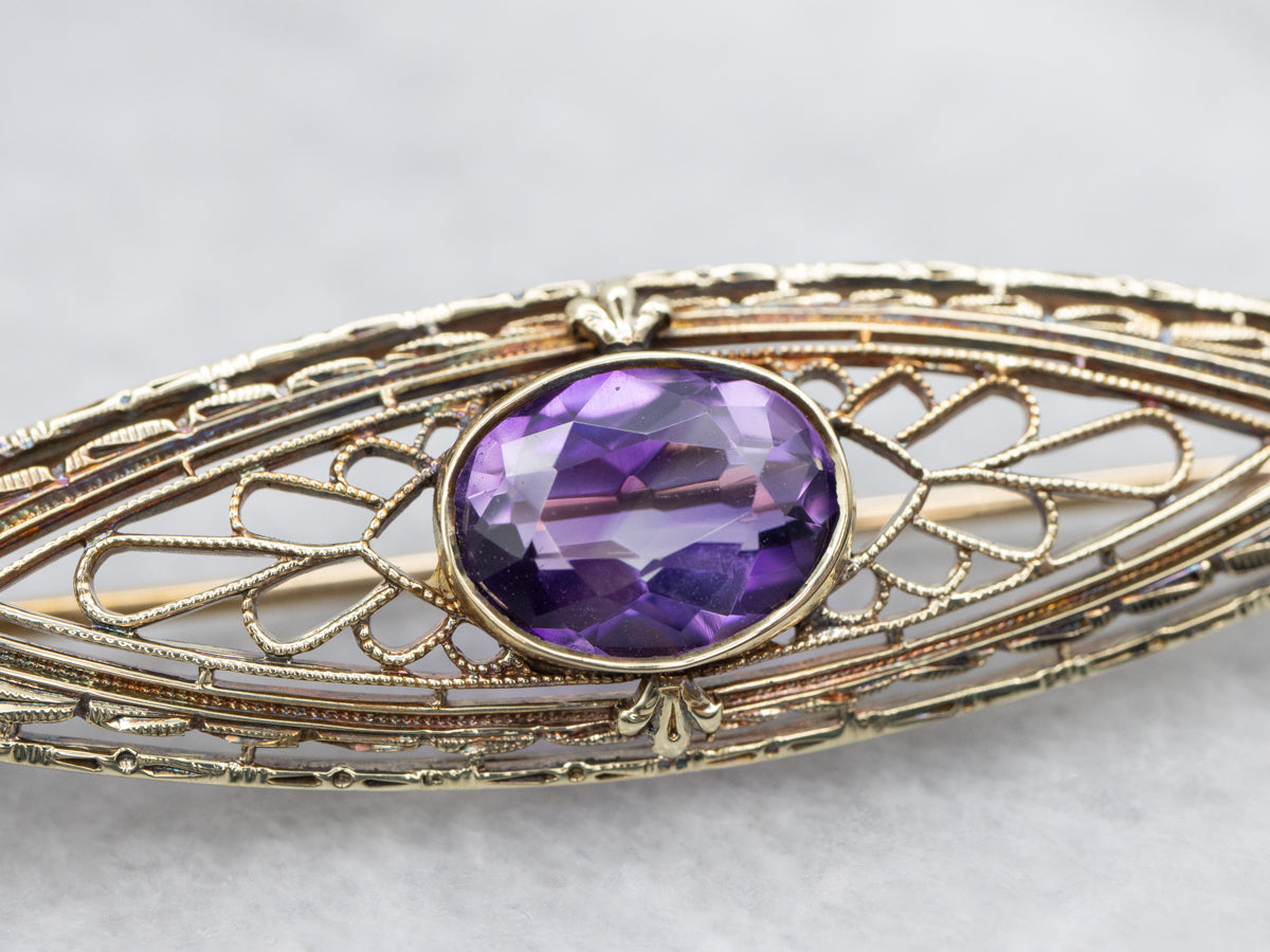 Antique Gold Filigree Amethyst Brooch