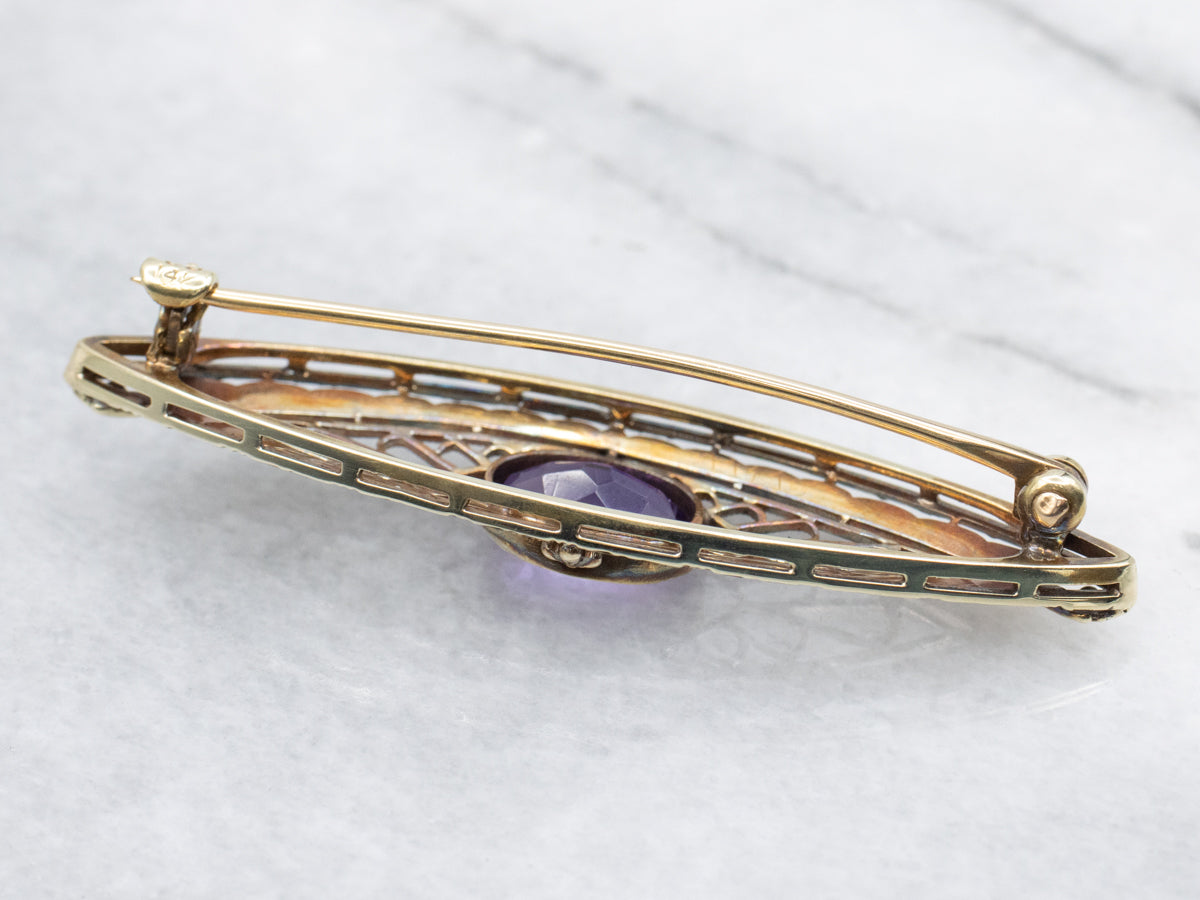 Antique Gold Filigree Amethyst Brooch
