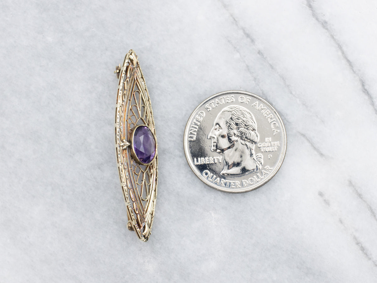 Antique Gold Filigree Amethyst Brooch
