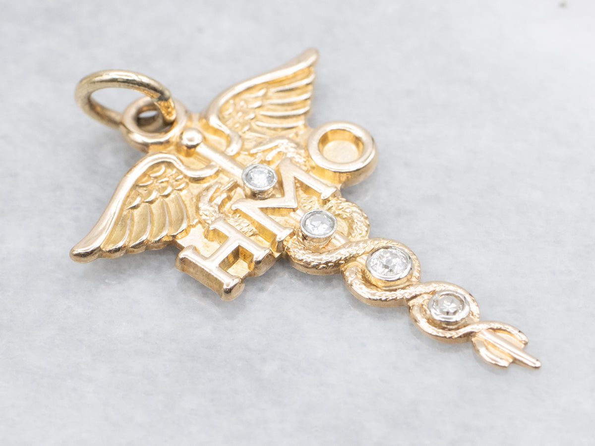 Dental Diamond and Gold "HMO" Caduceus Pendant