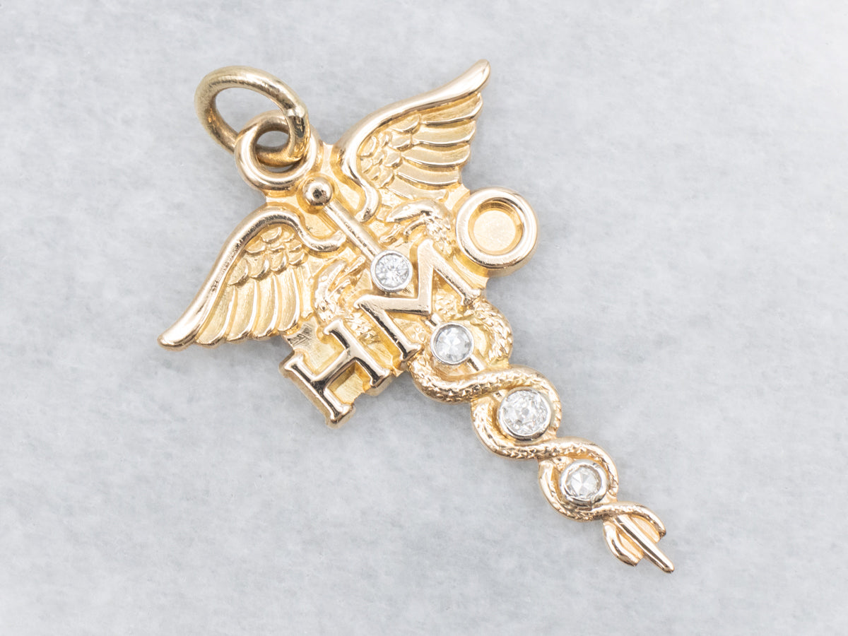 Dental Diamond and Gold "HMO" Caduceus Pendant