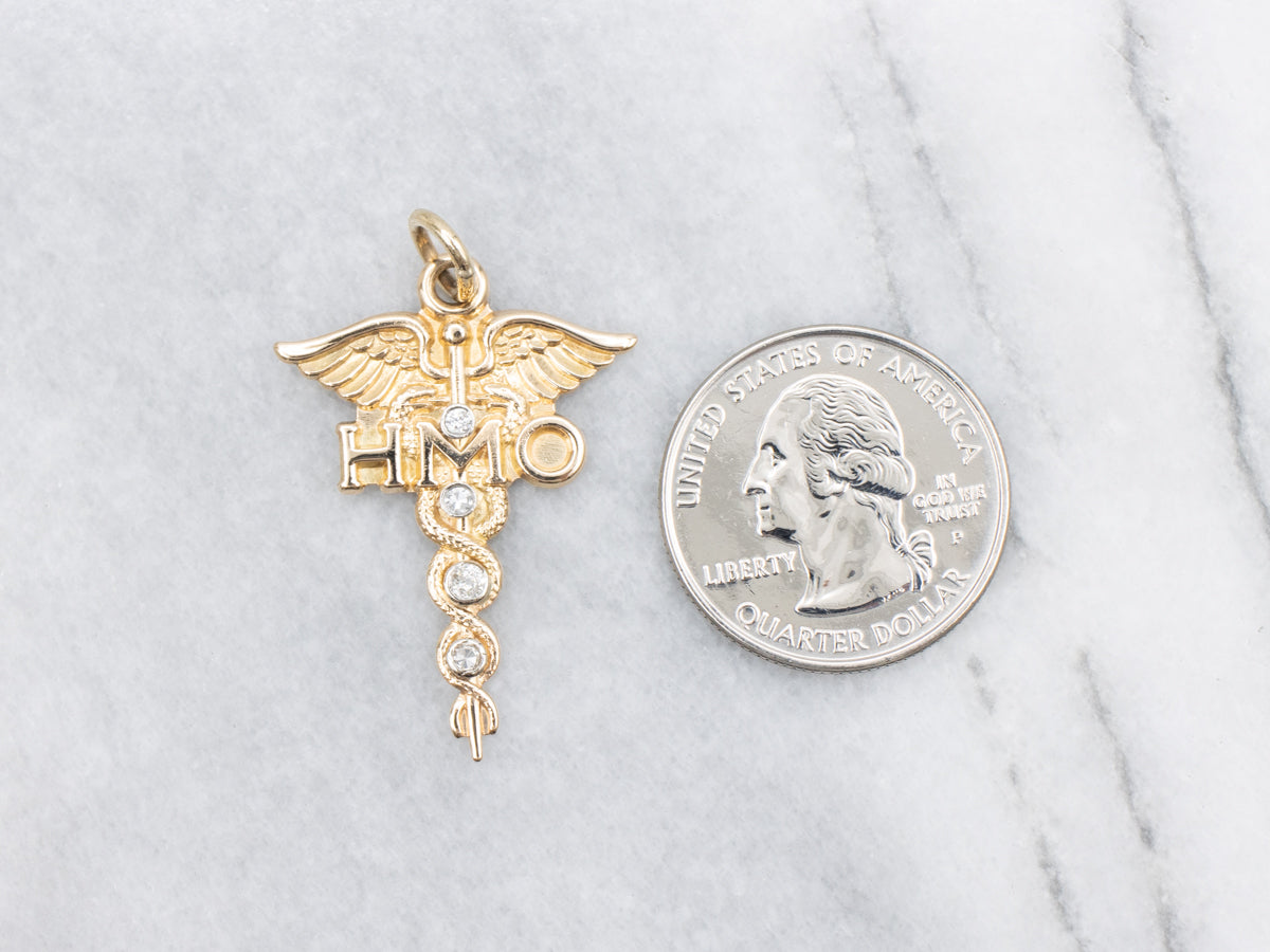 Dental Diamond and Gold "HMO" Caduceus Pendant
