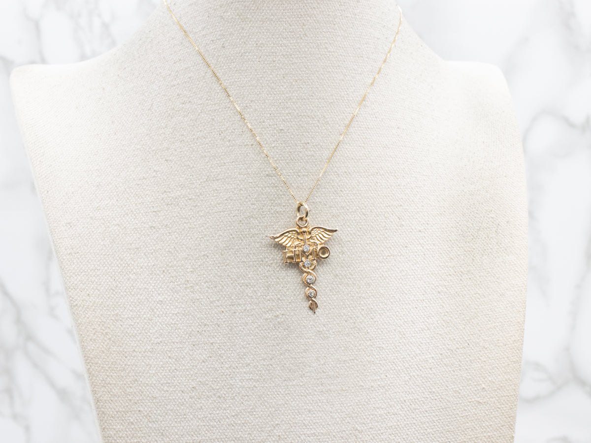 Dental Diamond and Gold "HMO" Caduceus Pendant