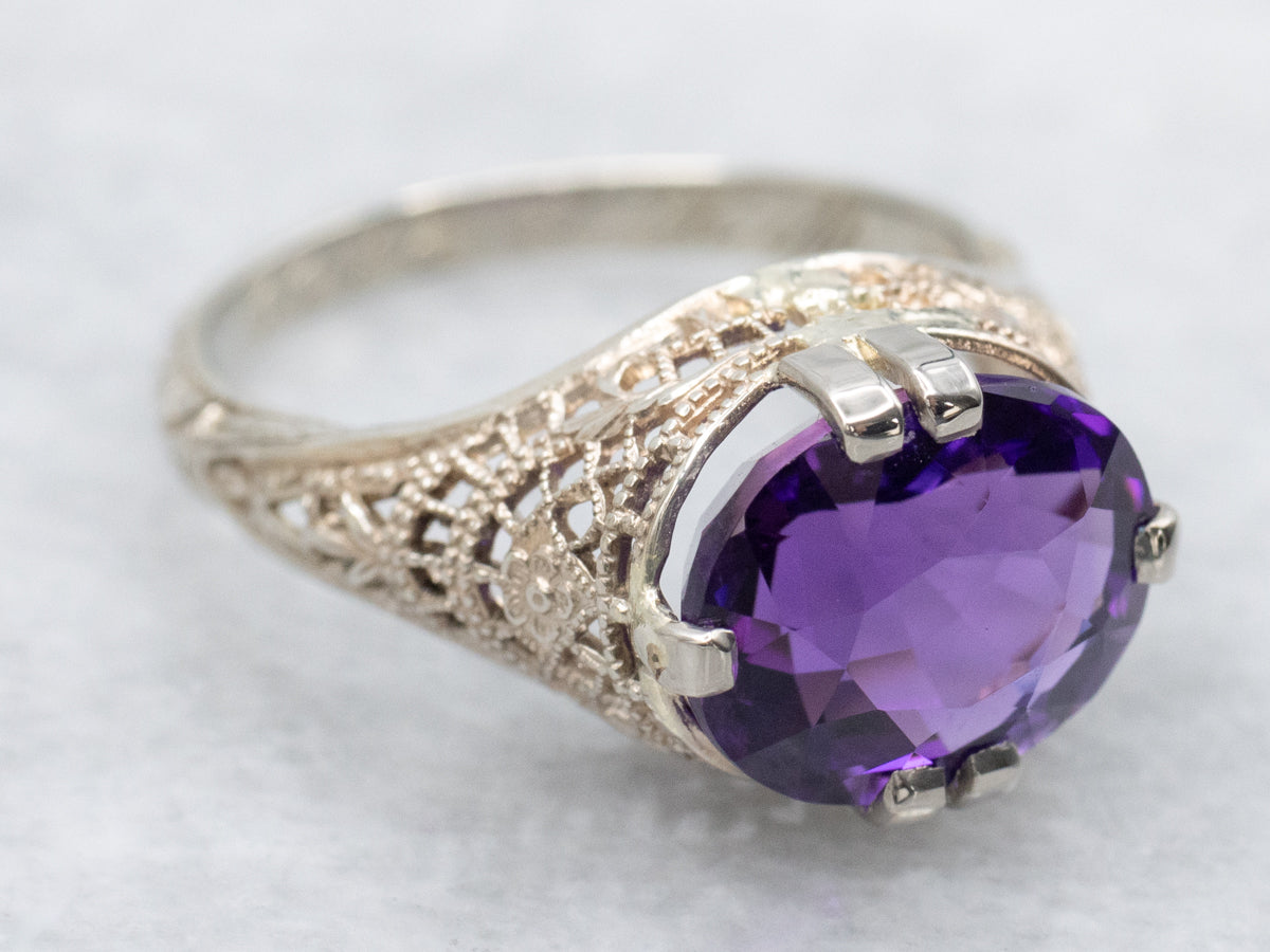 Late Art Deco 1930 Amethyst Solitaire Ring