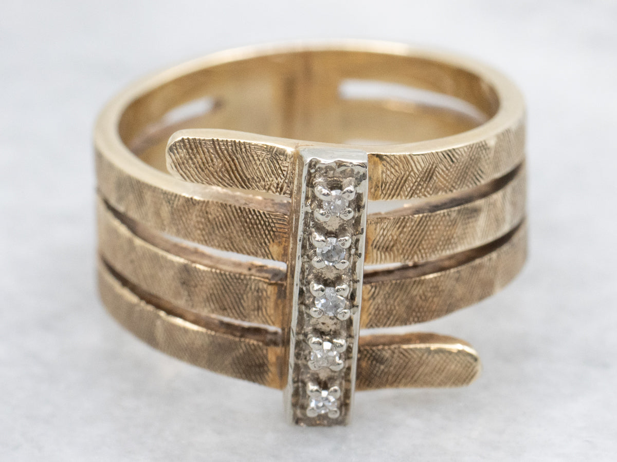 Wide Wrapped Textured Gold and Diamond Band