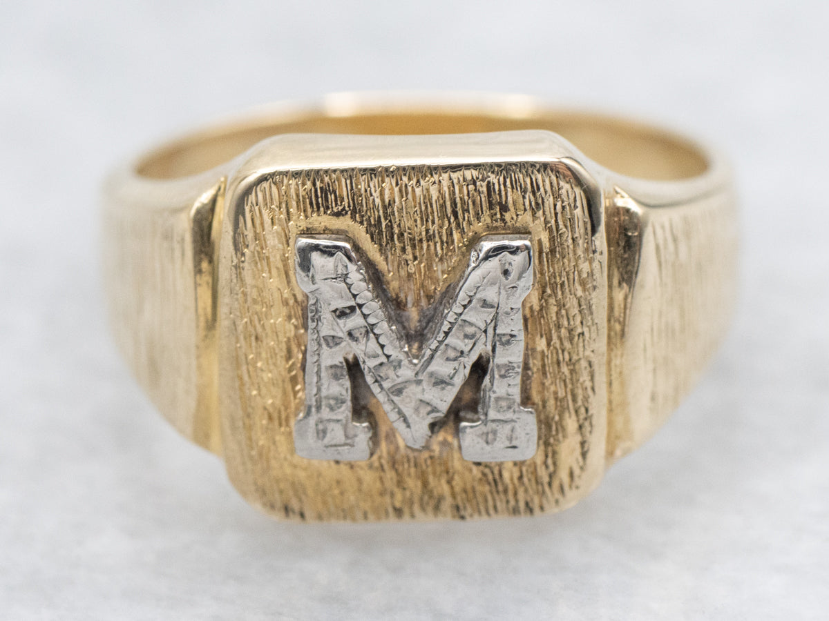 Textured Two-Tone Gold "M" Initial Signet Ring