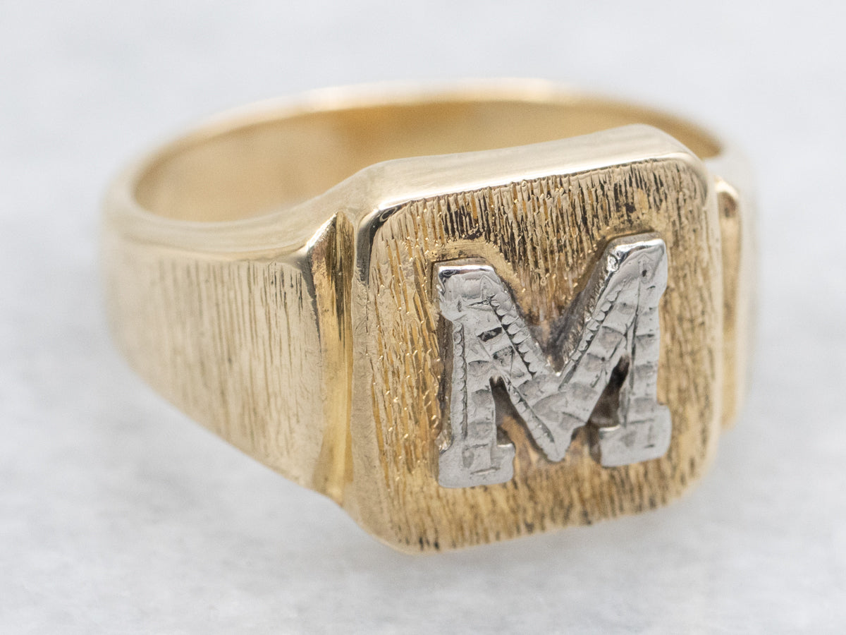 Textured Two-Tone Gold "M" Initial Signet Ring