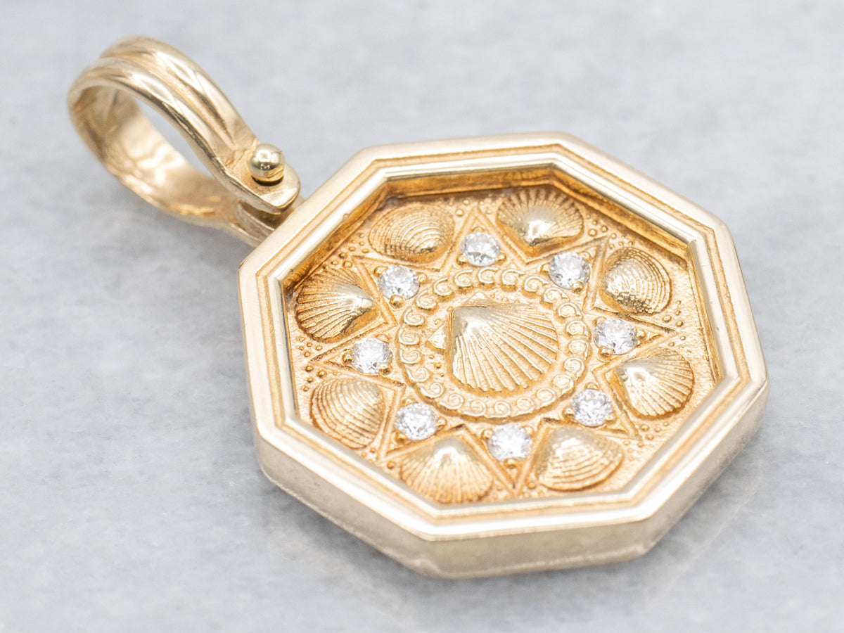 Polished Gold and Diamond Seashell Pattern Pendant