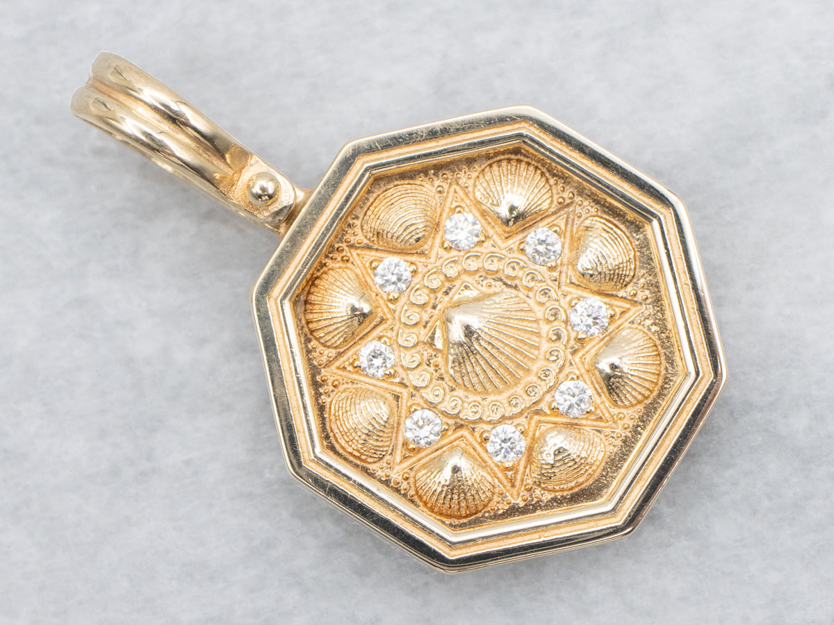 Polished Gold and Diamond Seashell Pattern Pendant