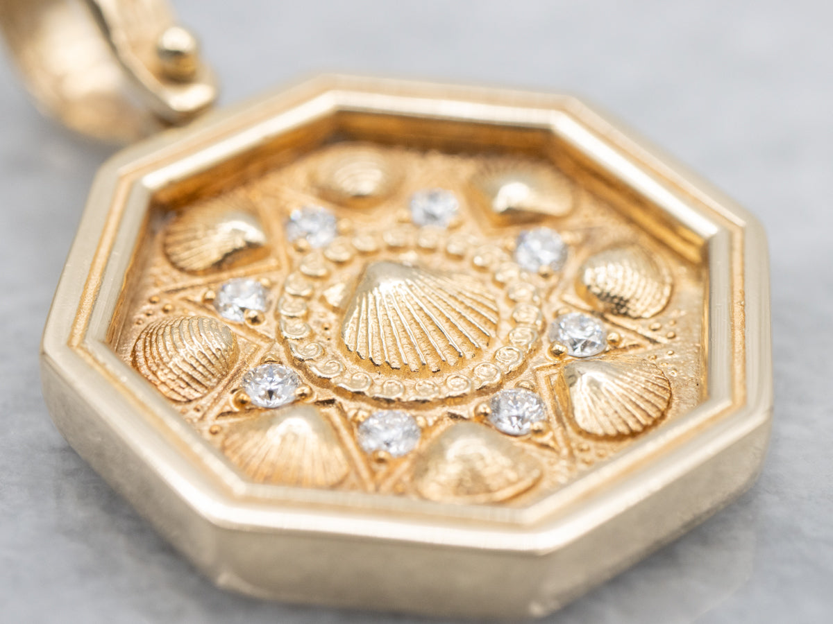 Polished Gold and Diamond Seashell Pattern Pendant